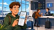 Пассажир читает инструкцию на телефоне в аэропорту